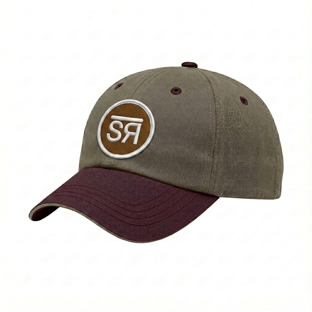 USA-made 6U Khaki-Burgundy Organic Twill baseball cap, decorated view, manufactured in Newark NJ