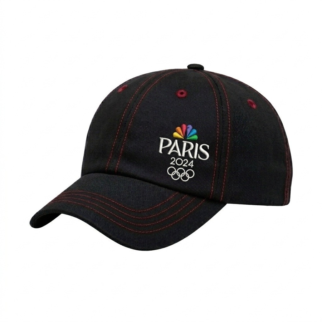 USA-made 6U Black-Red Organic Twill baseball cap, decorated view, manufactured in Newark NJ