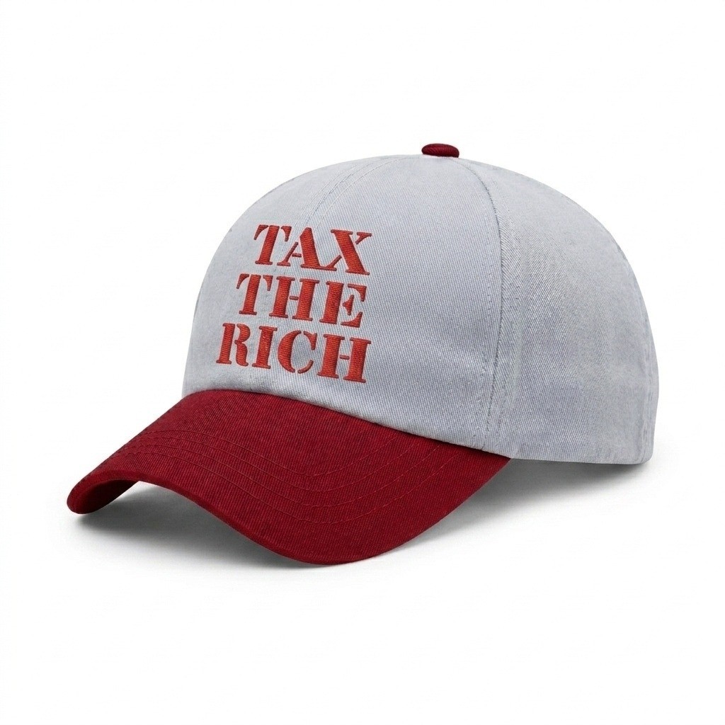 USA-made 6U White-Red Organic Twill baseball cap, decorated view, manufactured in Newark NJ