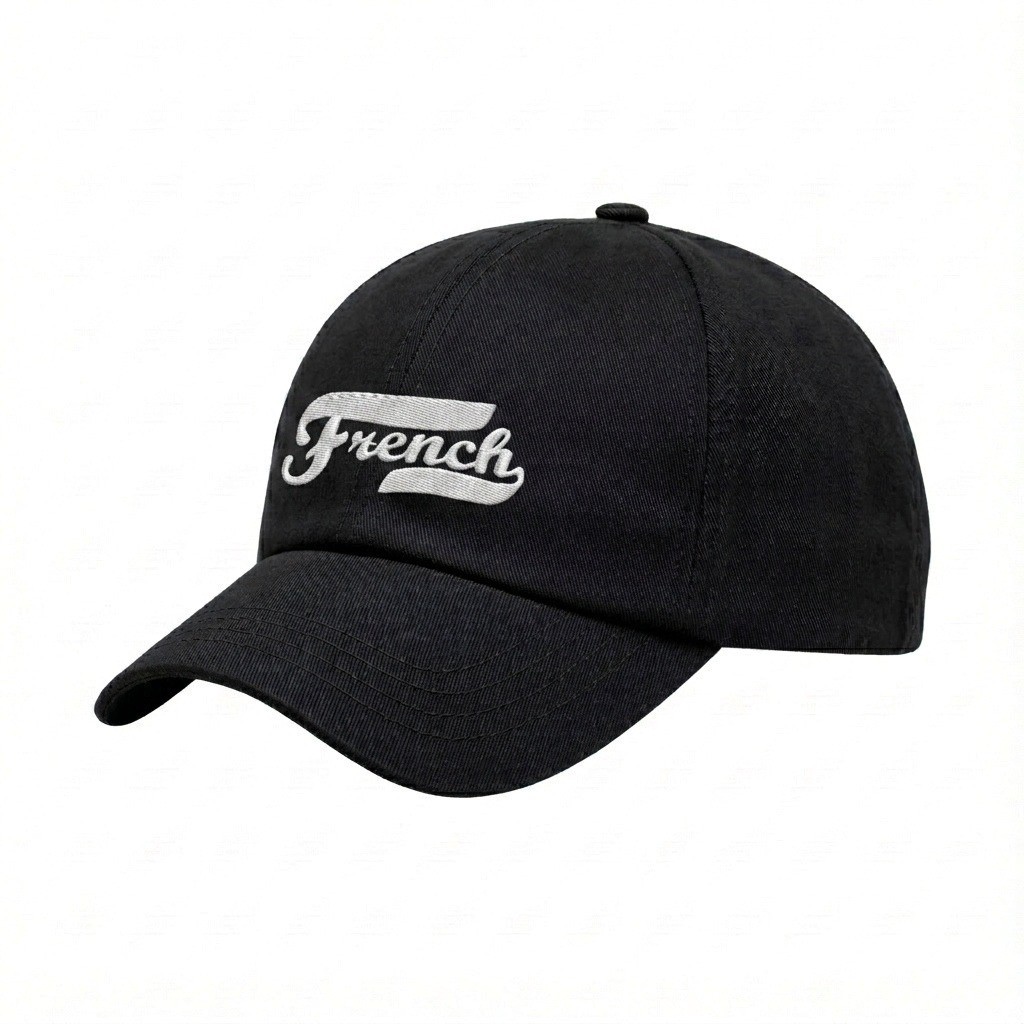 USA-made 6U Black Organic Twill baseball cap, decorated view, manufactured in Newark NJ