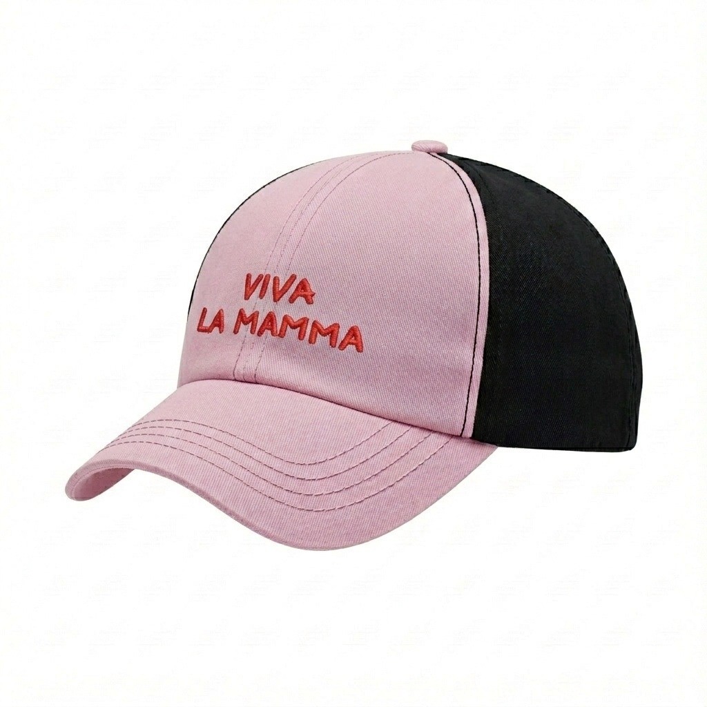 USA-made 6U Pink-Black Organic Twill baseball cap, decorated view, manufactured in Newark NJ