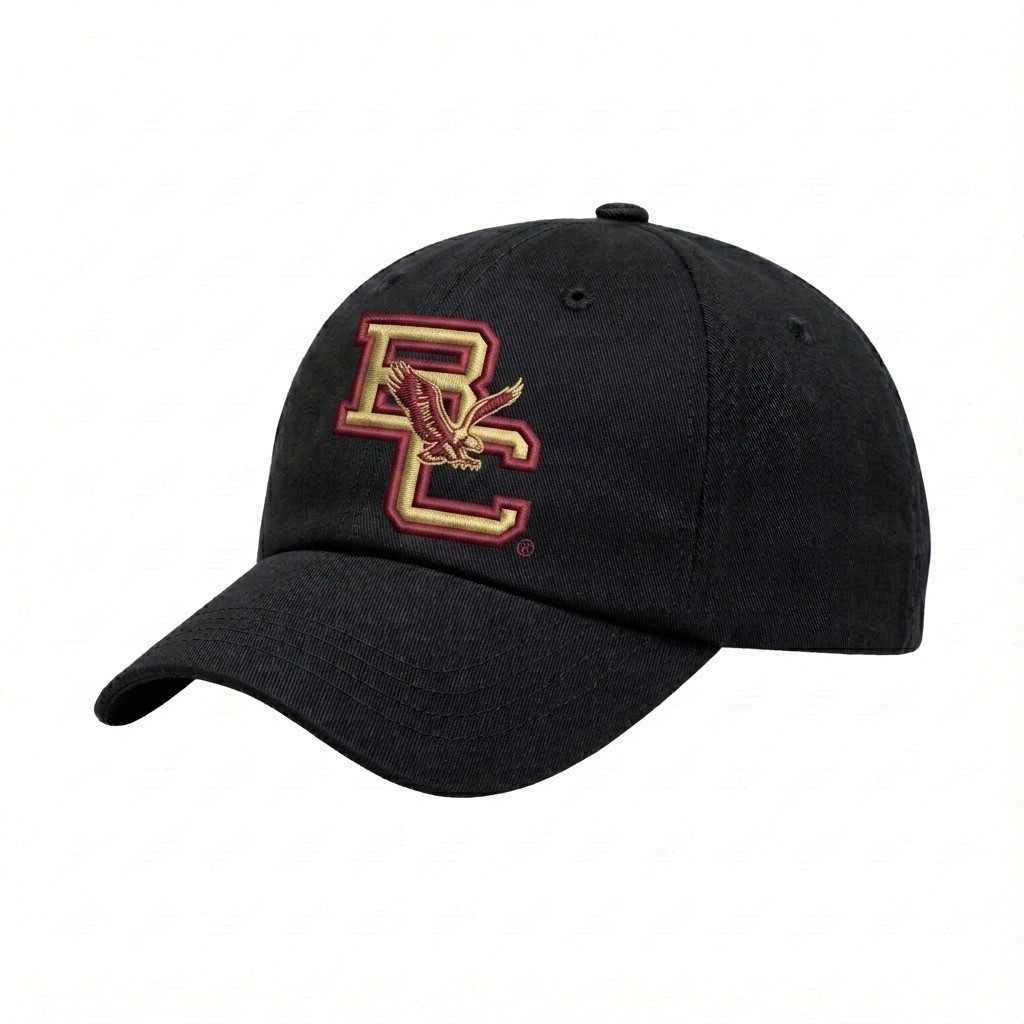 USA-made 6U Black Organic Twill baseball cap, decorated view, manufactured in Newark NJ