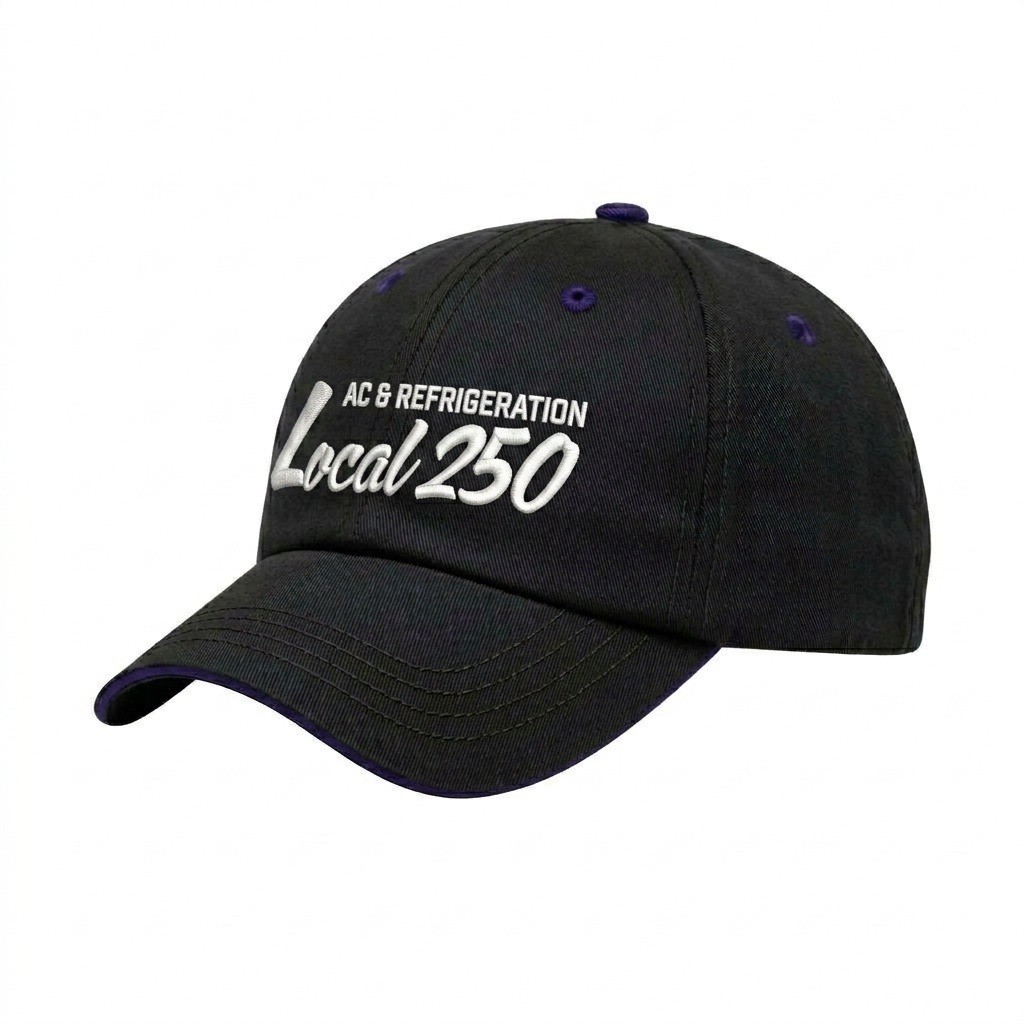 USA-made 6U Black-Purple Organic Twill baseball cap, decorated view, manufactured in Newark NJ