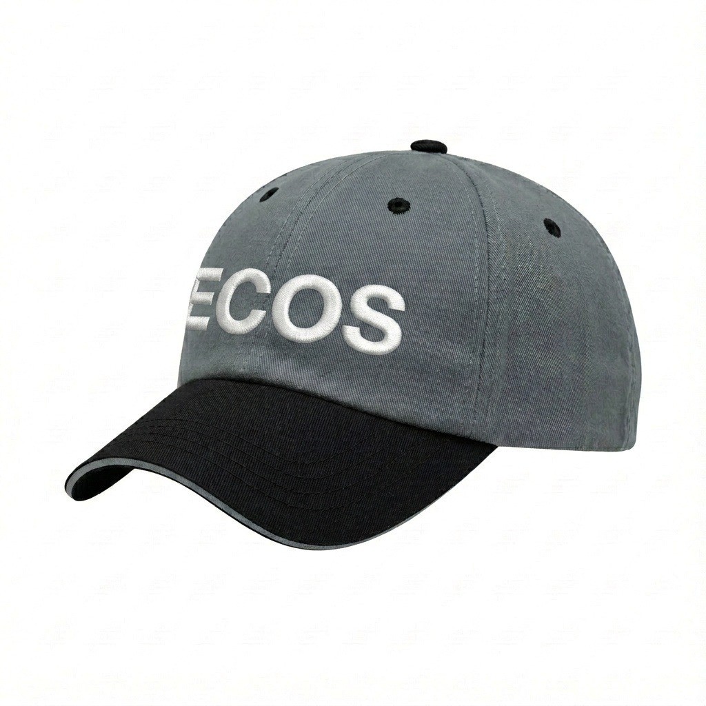 USA-made 6U Light Gray-Black Organic Twill baseball cap, decorated view, manufactured in Newark NJ