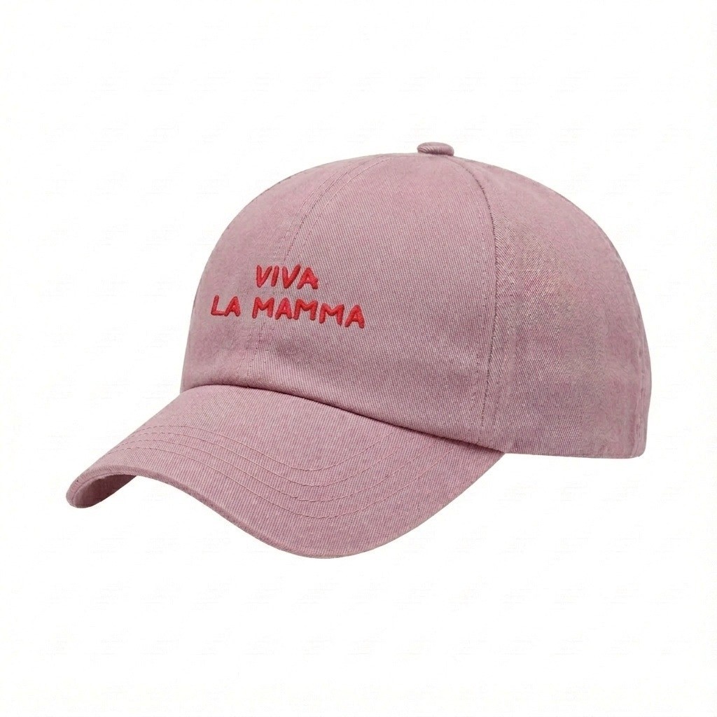 USA-made 6U Pink Organic Twill baseball cap, decorated view, manufactured in Newark NJ