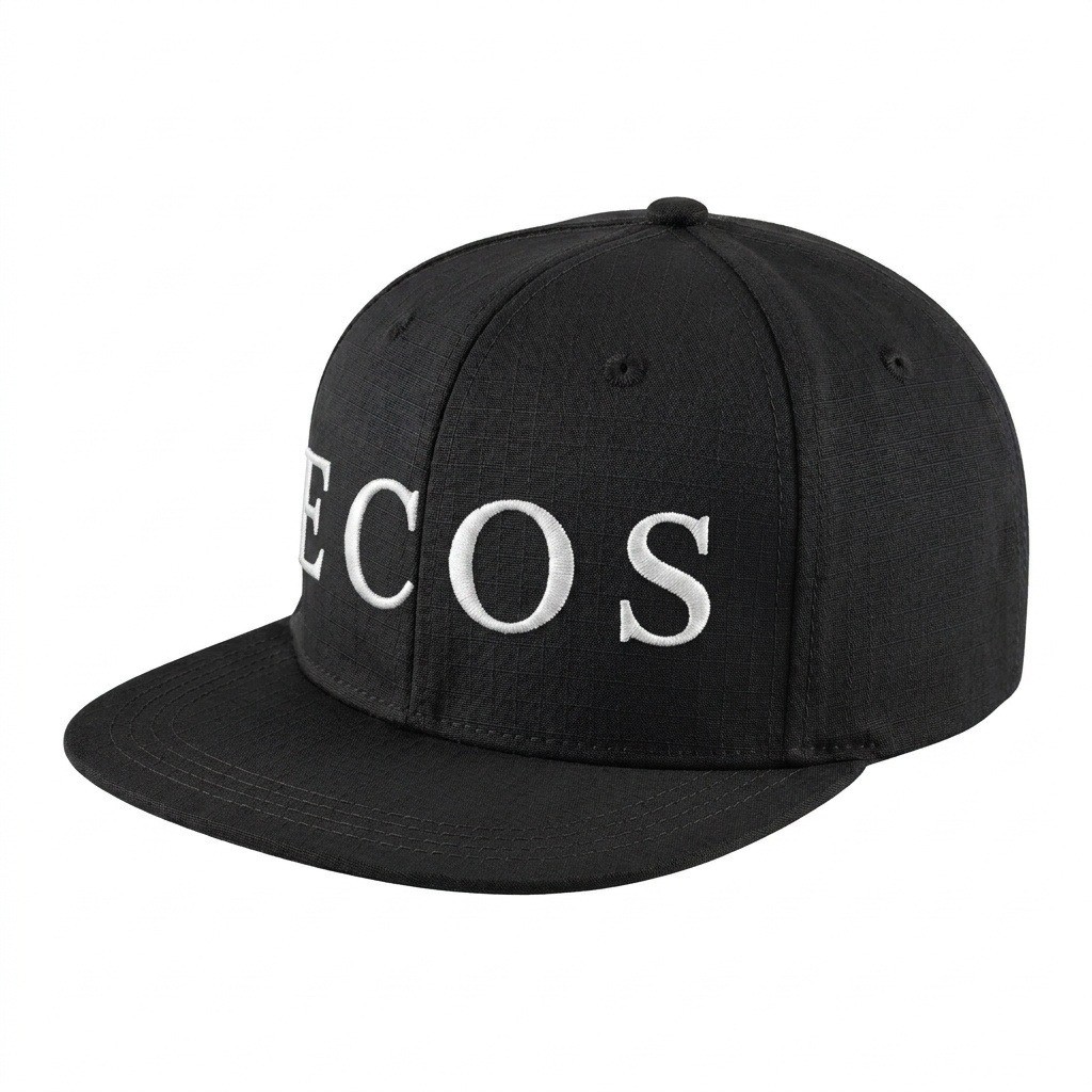 USA-made 6H Black Ripstop baseball cap, decorated view, manufactured in Newark NJ