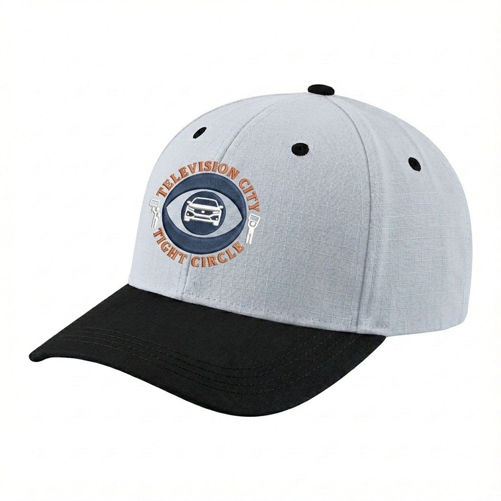 USA-made 6H White-Black Ripstop baseball cap, decorated view, manufactured in Newark NJ