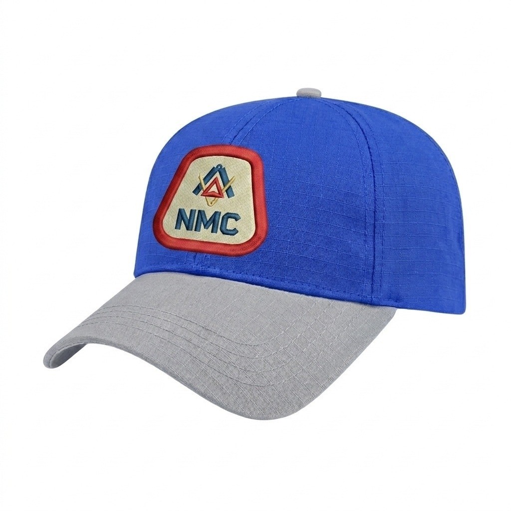 USA-made 6L Royal Blue-Light Gray Ripstop baseball cap, decorated view, manufactured in Newark NJ