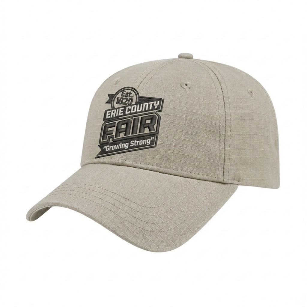 USA-made 6L Putty Ripstop baseball cap, decorated view, manufactured in Newark NJ