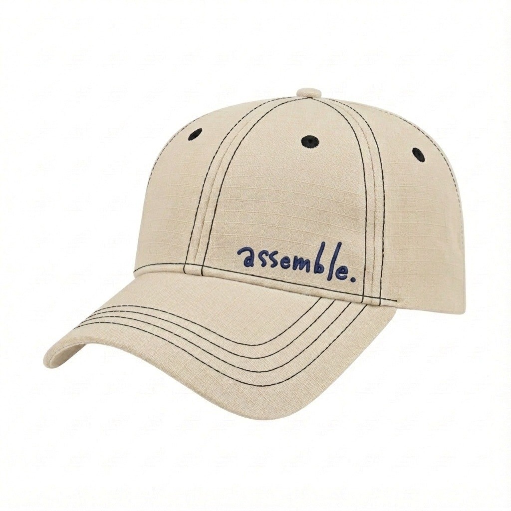 USA-made 6L Putty-Black Ripstop baseball cap, decorated view, manufactured in Newark NJ