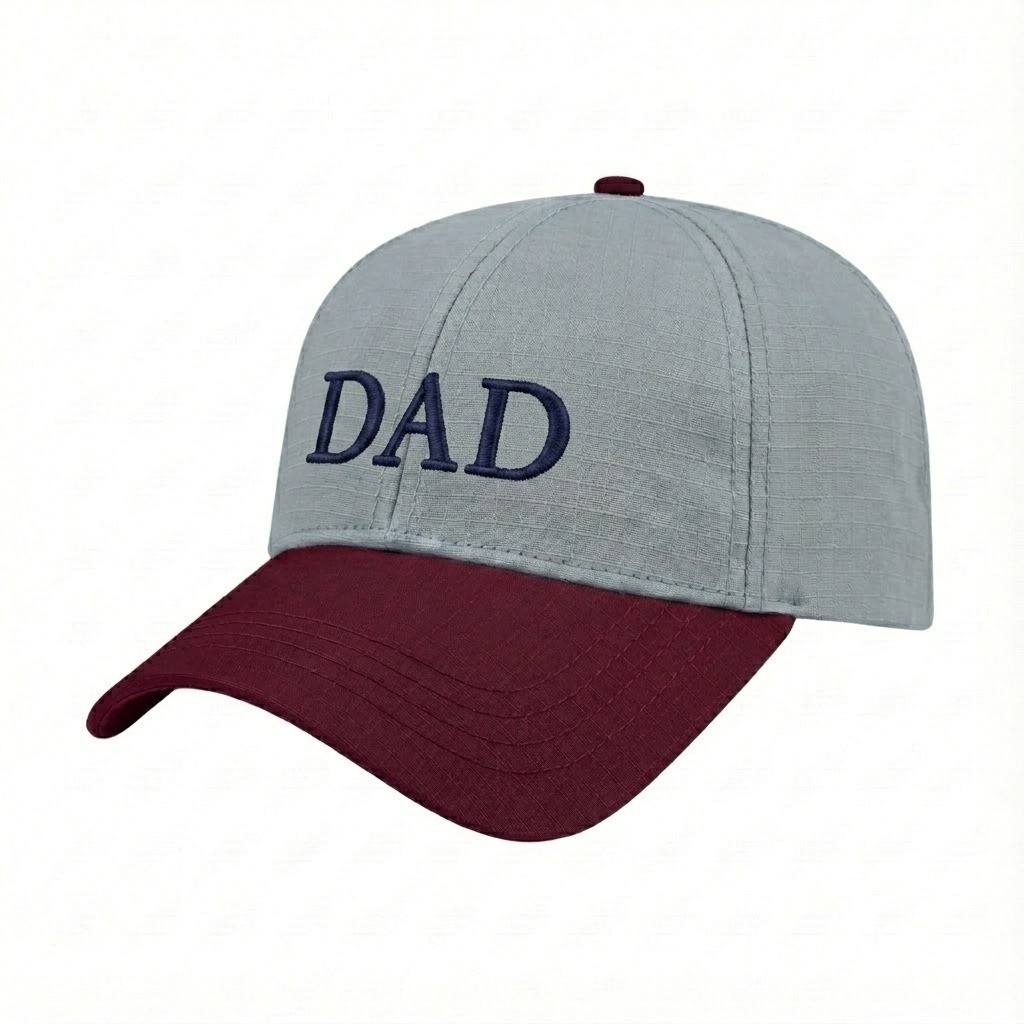 USA-made 6L Light Gray-Burgundy Ripstop baseball cap, decorated view, manufactured in Newark NJ
