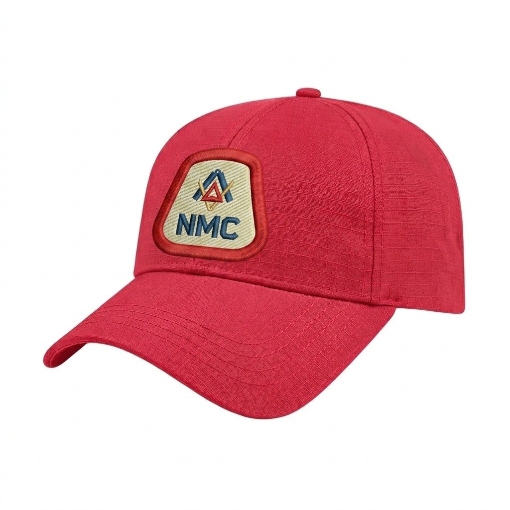 USA-made 6L Red Ripstop baseball cap, decorated view, manufactured in Newark NJ