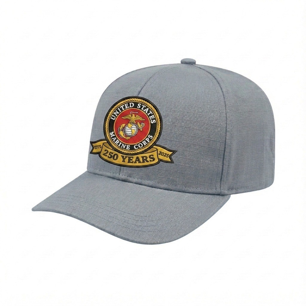 USA-made 6S Light Gray Ripstop baseball cap, decorated view, manufactured in Newark NJ