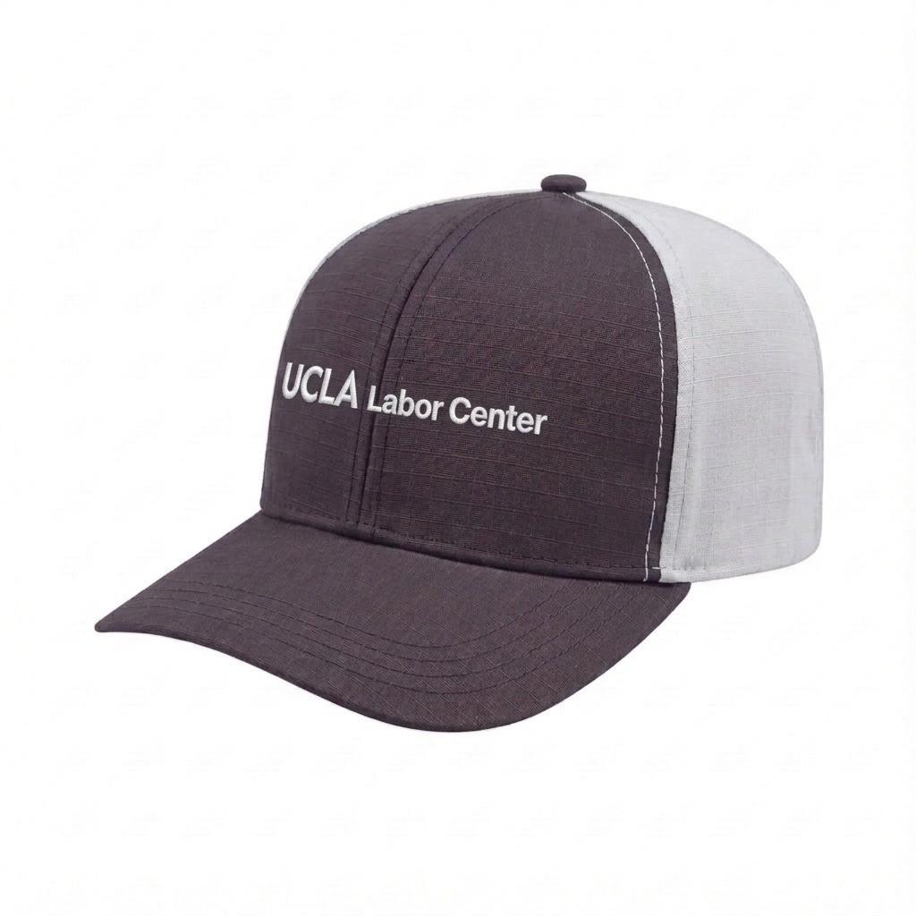USA-made 6S Dark Gray-White Ripstop baseball cap, decorated view, manufactured in Newark NJ