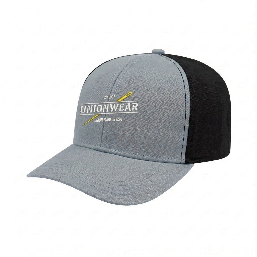 USA-made 6S Light Gray-Black Ripstop baseball cap, decorated view, manufactured in Newark NJ