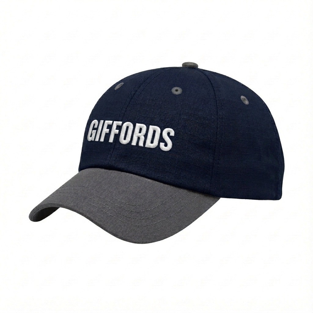 USA-made 6U Navy-Dark Gray Ripstop baseball cap, decorated view, manufactured in Newark NJ