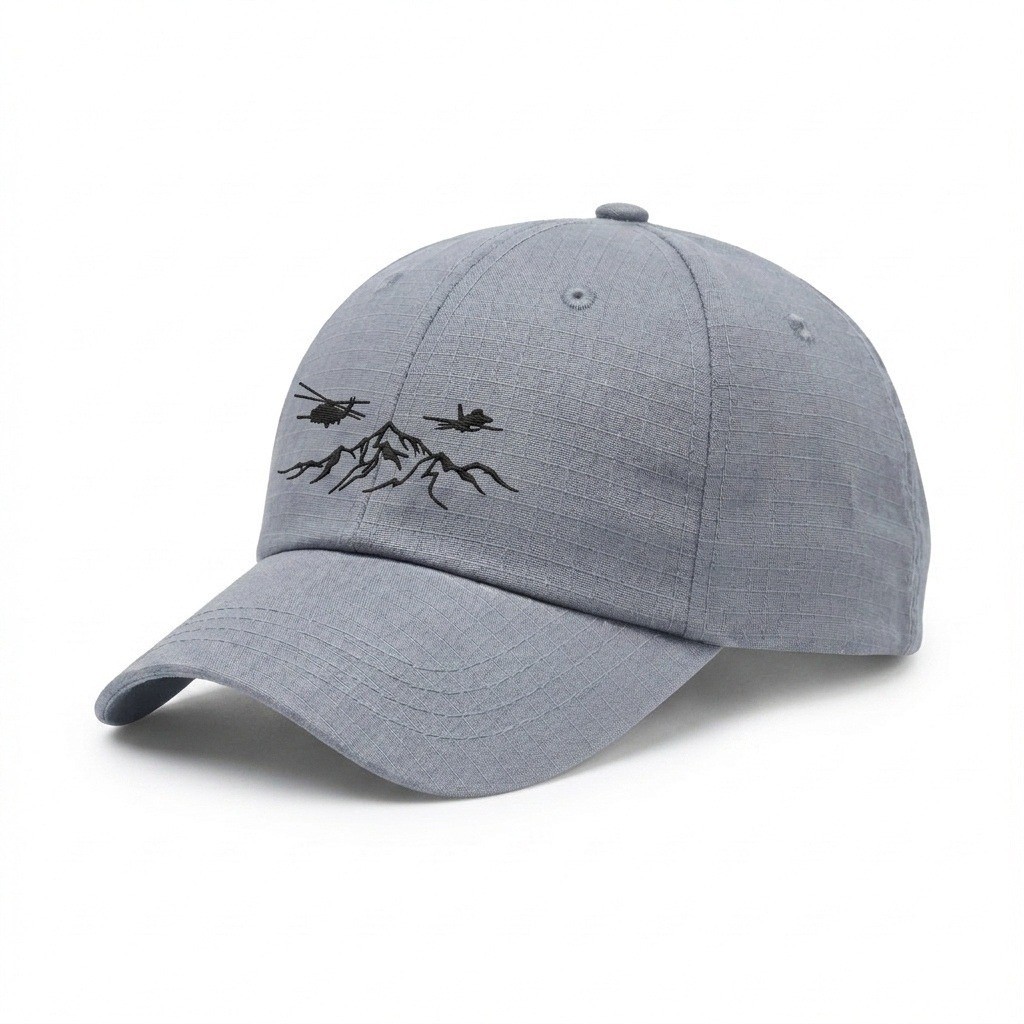 USA-made 6U Light Gray Ripstop baseball cap, decorated view, manufactured in Newark NJ