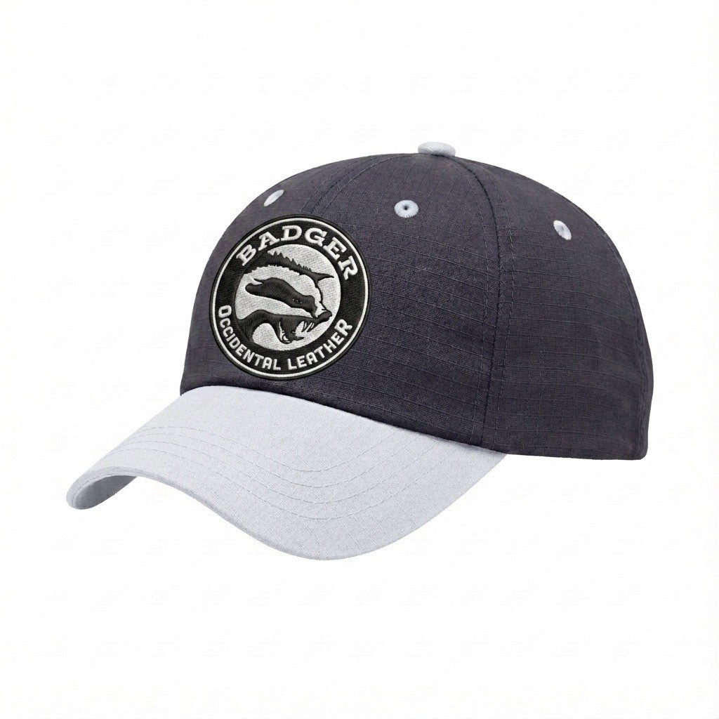 USA-made 6U Dark Gray-White Ripstop baseball cap, decorated view, manufactured in Newark NJ