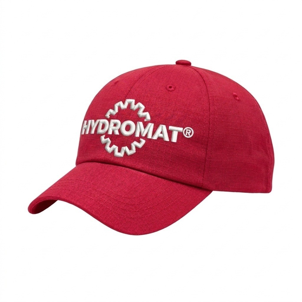 USA-made 6U Red Ripstop baseball cap, decorated view, manufactured in Newark NJ