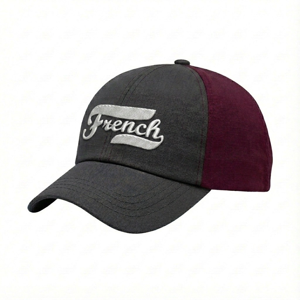 USA-made 6U Dark Gray-Burgundy Ripstop baseball cap, decorated view, manufactured in Newark NJ