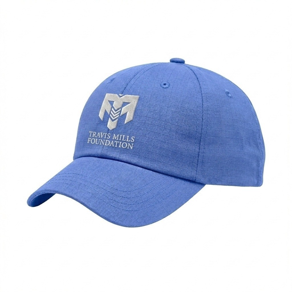 USA-made 6U Light Blue Ripstop baseball cap, decorated view, manufactured in Newark NJ