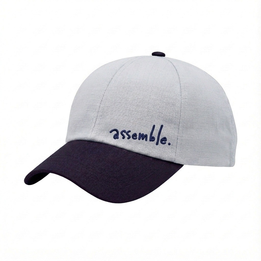 USA-made 6U White-Navy Ripstop baseball cap, decorated view, manufactured in Newark NJ