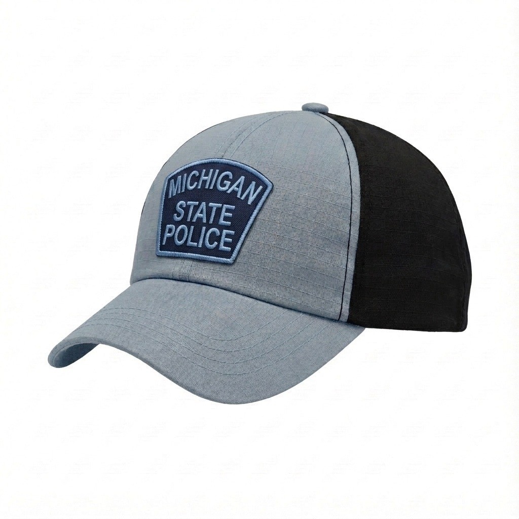 USA-made 6U Light Gray-Black Ripstop baseball cap, decorated view, manufactured in Newark NJ