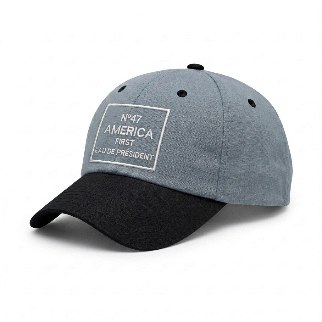 USA-made 6U Light Gray-Black Ripstop baseball cap, decorated view, manufactured in Newark NJ