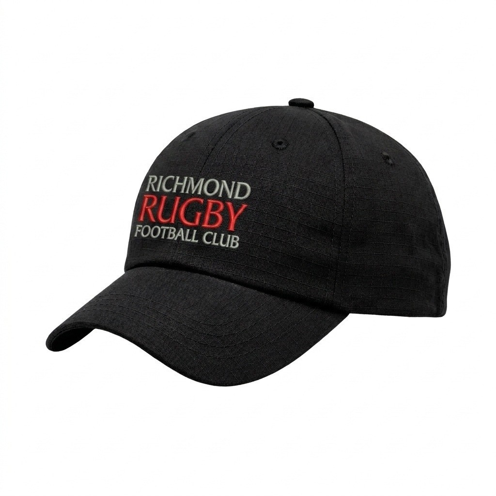 USA-made 6U Black Ripstop baseball cap, decorated view, manufactured in Newark NJ