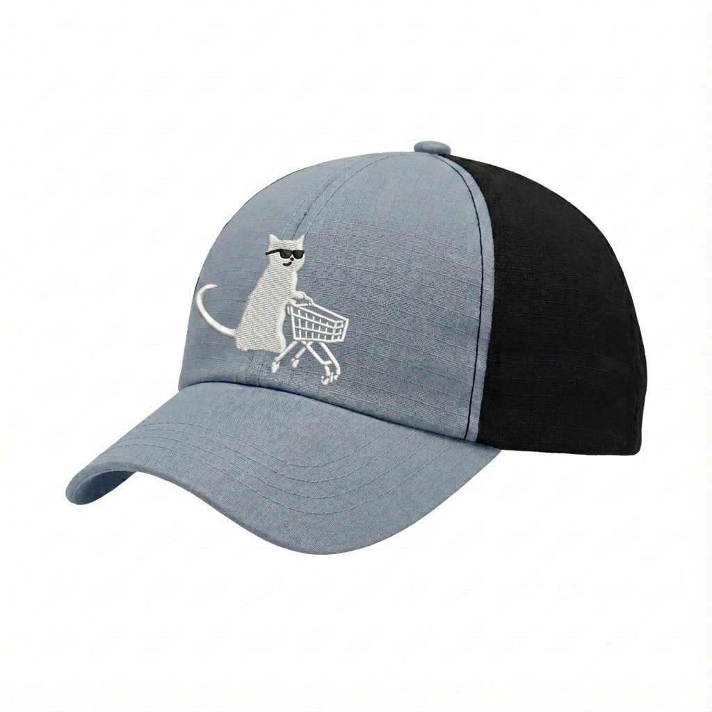 USA-made 6U Light Gray-Black Ripstop baseball cap, decorated view, manufactured in Newark NJ
