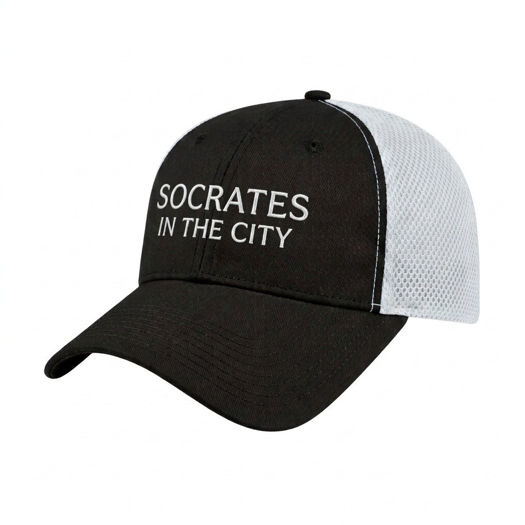 USA-made 6L Black-White Chino baseball cap, decorated view, manufactured in Newark NJ