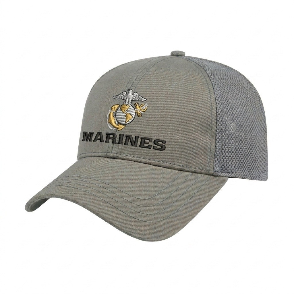 USA-made 6L Light Gray Chino baseball cap, decorated view, manufactured in Newark NJ
