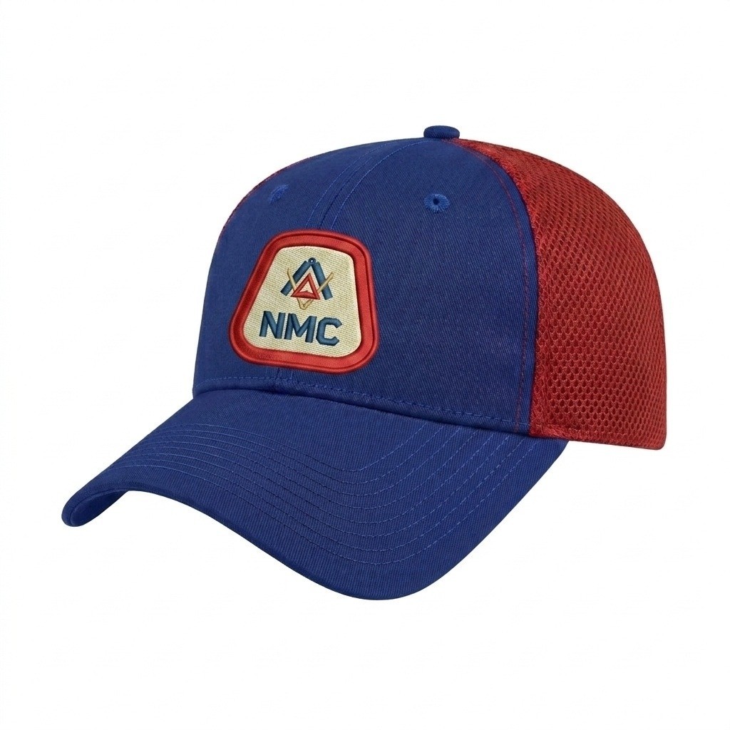 USA-made 6L Royal Blue-Red Chino baseball cap, decorated view, manufactured in Newark NJ