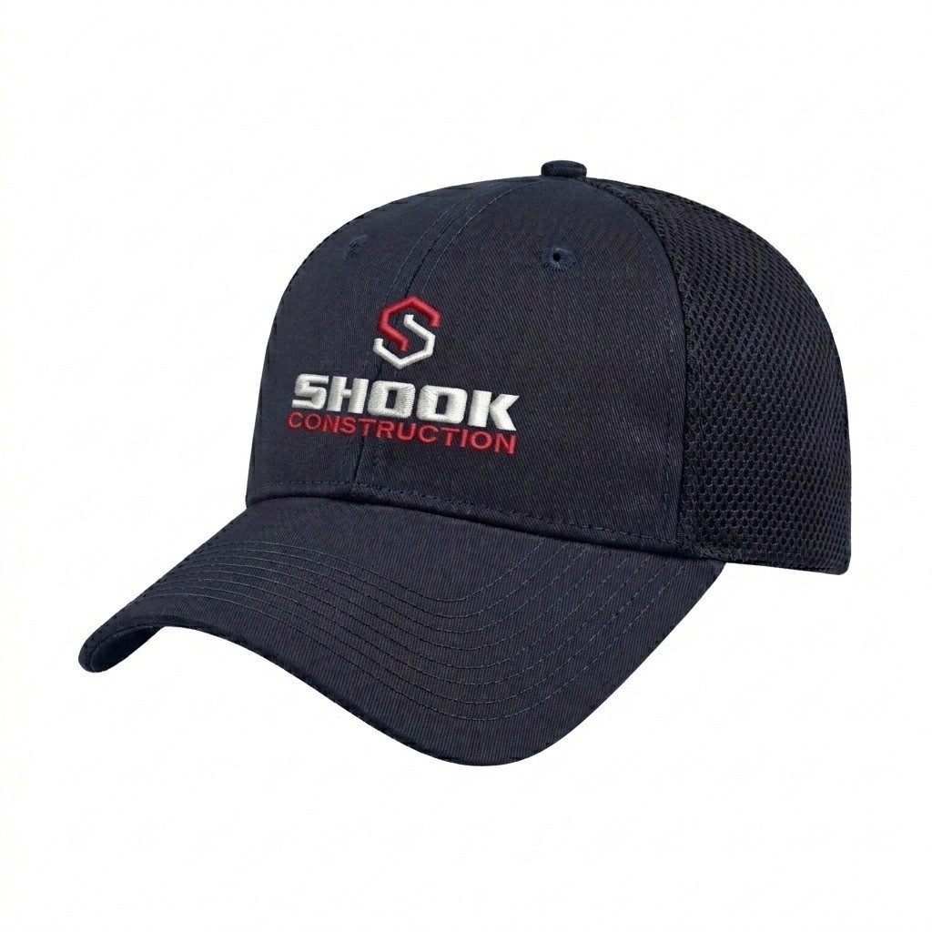 USA-made 6L Navy Chino baseball cap, decorated view, manufactured in Newark NJ