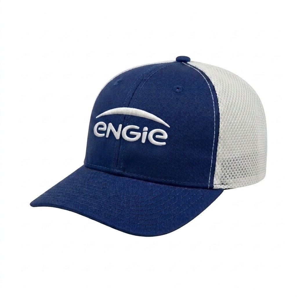 USA-made 6S Royal Blue-White Chino baseball cap, decorated view, manufactured in Newark NJ