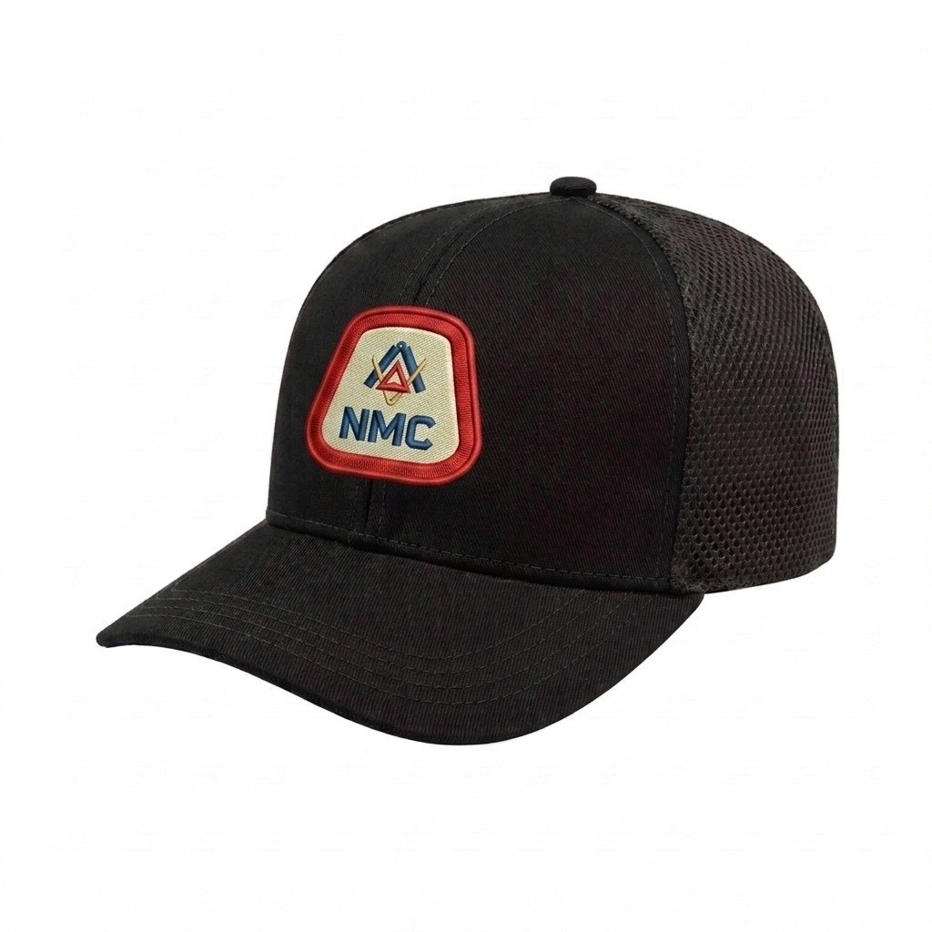 USA-made 6S Black Chino baseball cap, decorated view, manufactured in Newark NJ