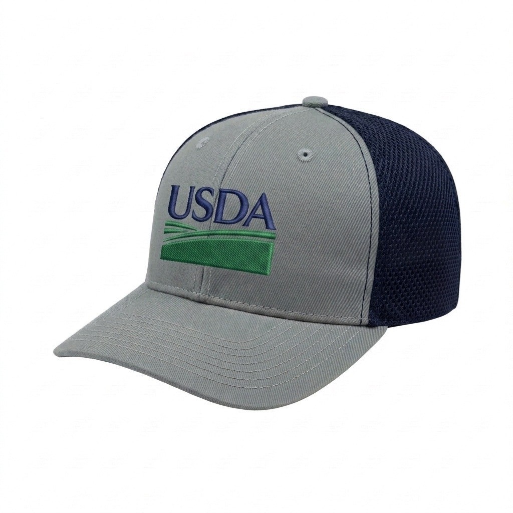 USA-made 6S Light Gray-Navy Chino baseball cap, decorated view, manufactured in Newark NJ