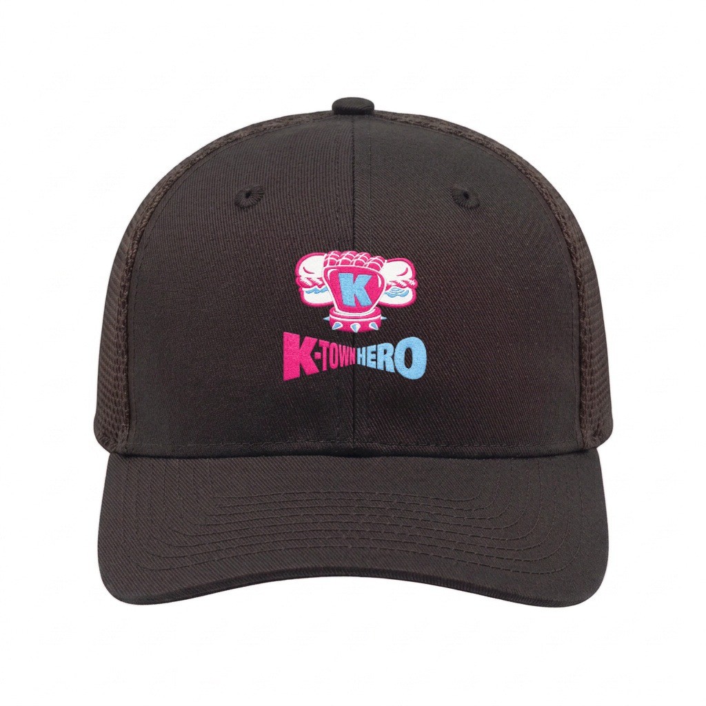 USA-made 6S Dark Gray Chino baseball cap, decorated view, manufactured in Newark NJ