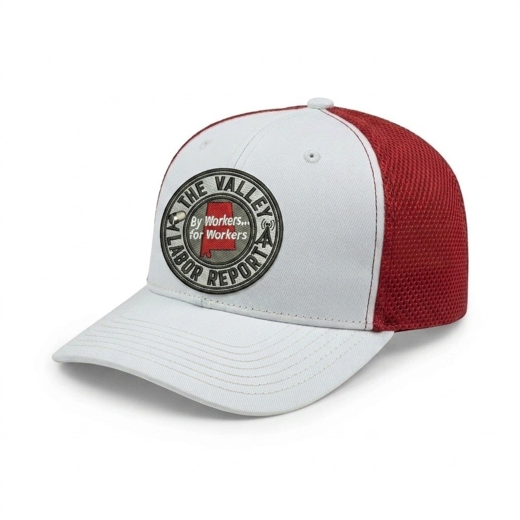 USA-made 6S White-Red Chino baseball cap, decorated view, manufactured in Newark NJ