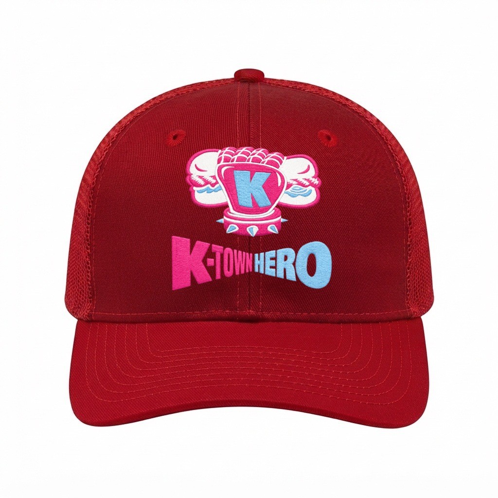 USA-made 6S Red Chino baseball cap, decorated view, manufactured in Newark NJ