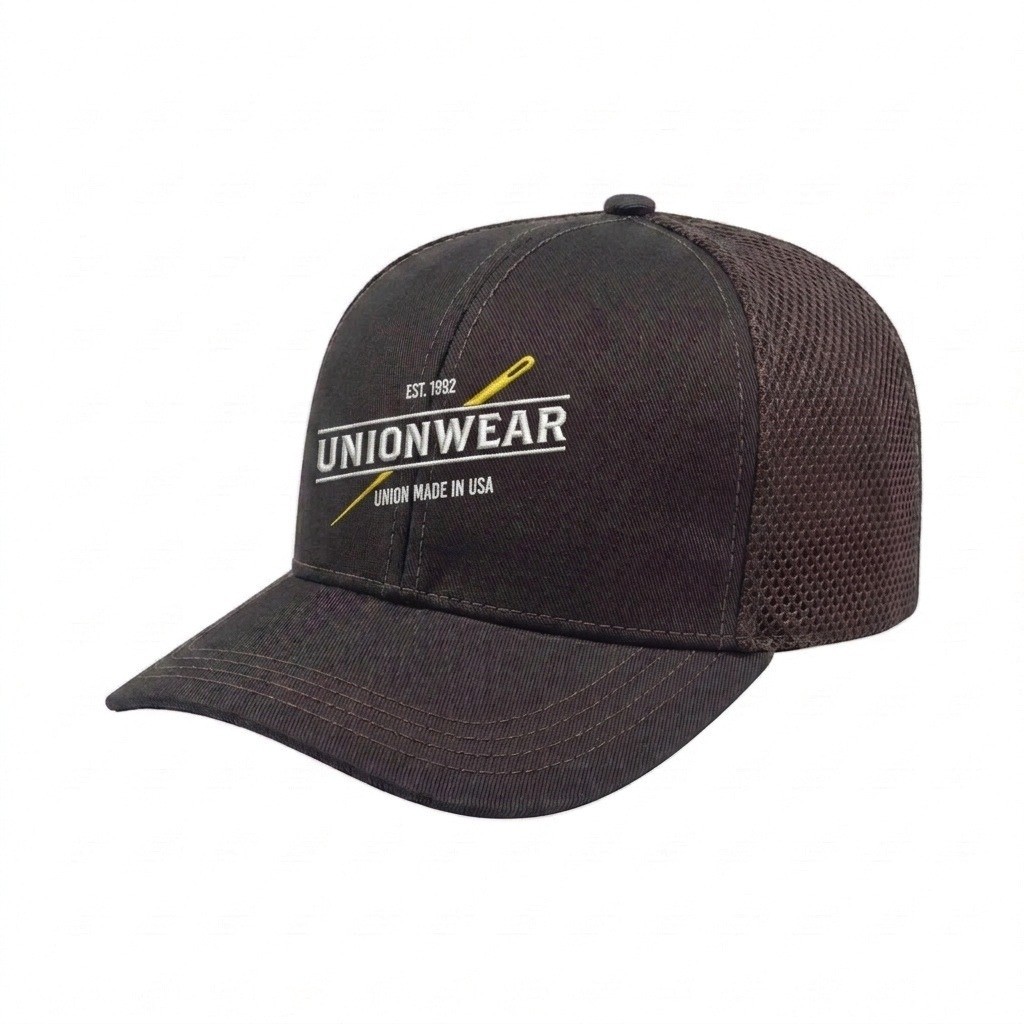 USA-made 6S Dark Gray Chino baseball cap, decorated view, manufactured in Newark NJ