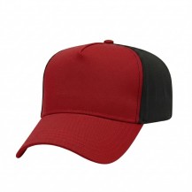 USA-made 5L Red-Black Chino baseball cap, 3q view, manufactured in Newark NJ