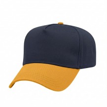 USA-made 5L Navy-Athletic Gold Chino baseball cap, 3q view, manufactured in Newark NJ