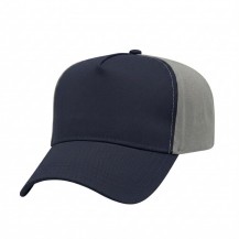 USA-made 5L Navy-Light Gray Chino baseball cap, 3q view, manufactured in Newark NJ