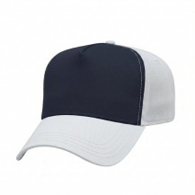 USA-made 5L Navy-White Chino baseball cap, 3q view, manufactured in Newark NJ