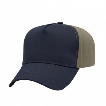 USA-made 5L Navy-Khaki Chino baseball cap, 3q view, manufactured in Newark NJ