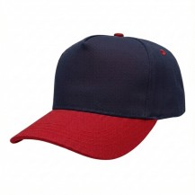 USA-made 5S Navy-Red Brushed Denim baseball cap, 3q view, manufactured in Newark NJ