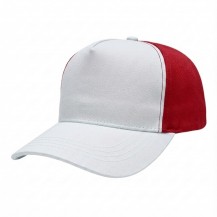 USA-made 5S White-Red Brushed Denim baseball cap, 3q view, manufactured in Newark NJ