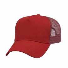 USA-made 5L Red Chino baseball cap, 3q view, manufactured in Newark NJ
