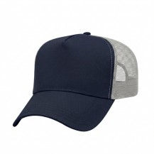 USA-made 5L Navy-White Polycotton Twill baseball cap, 3q view, manufactured in Newark NJ